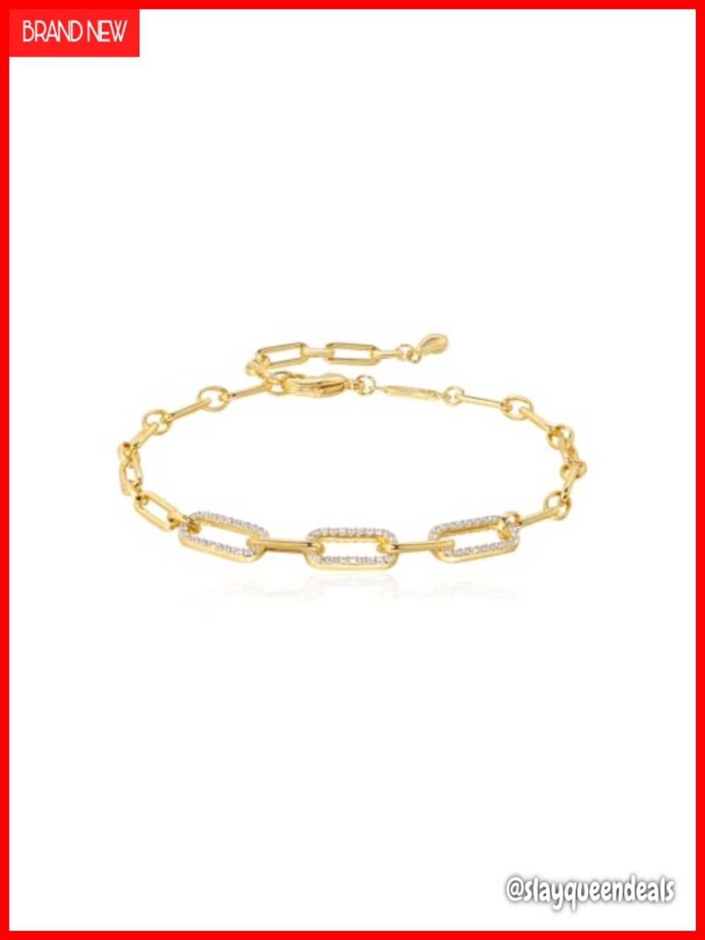 18K Gold Plated CZ Paperclip Chain Link Bracelet with Slider Clasp